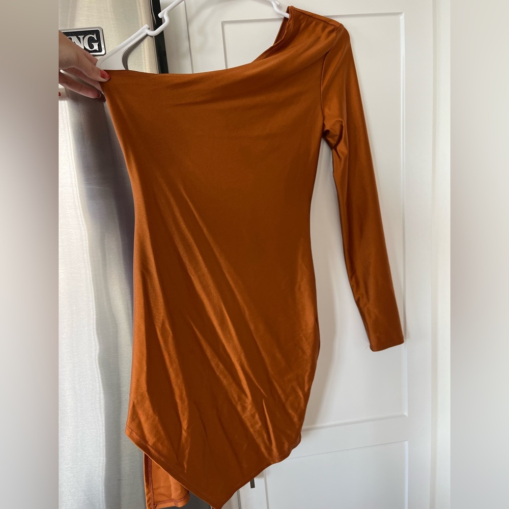 One-long-sleeve copper mini dress